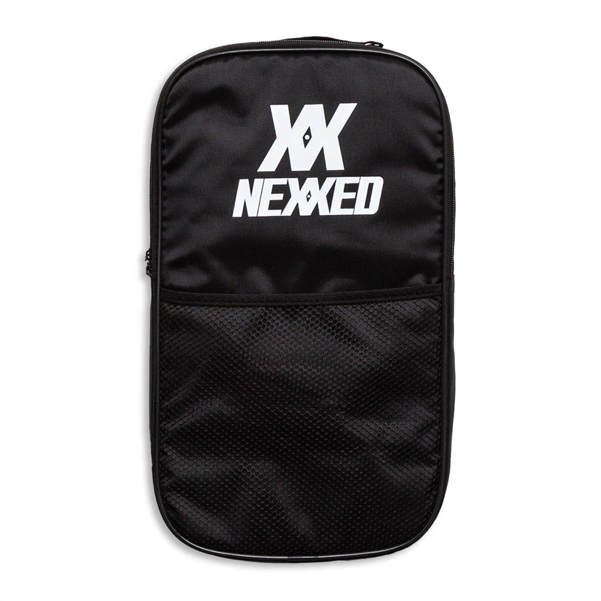 Front view of a black paddle bag with white Nexxed logo and a mesh pocket.