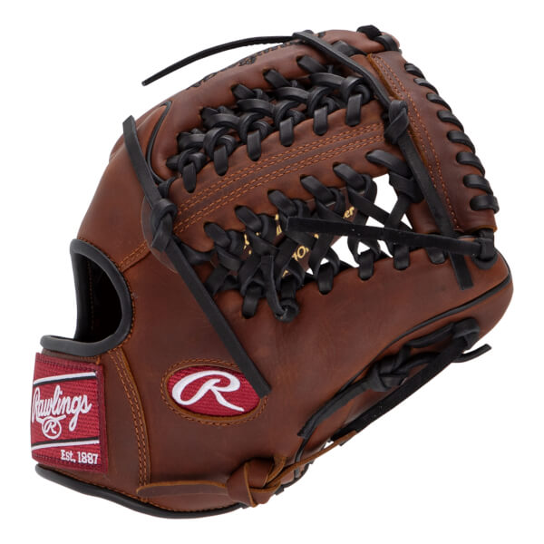 Side view of a brown baseball glove with black lacing and a red Rawlings logo patch.