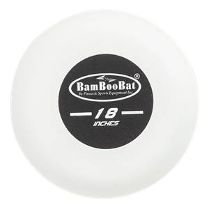 Close-up of a white training bat with a black circular logo that says BamBooBat and 18 INCHES.