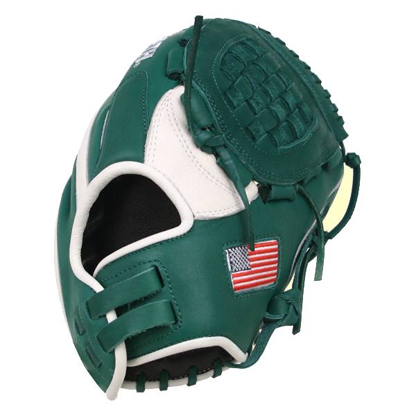 Front view of a green baseball glove with white accents and an American flag patch.
