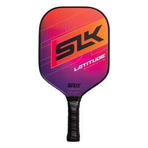 Front view of a purple and orange pickleball paddle with SLK and LATITUDE GRAPHITE branding.