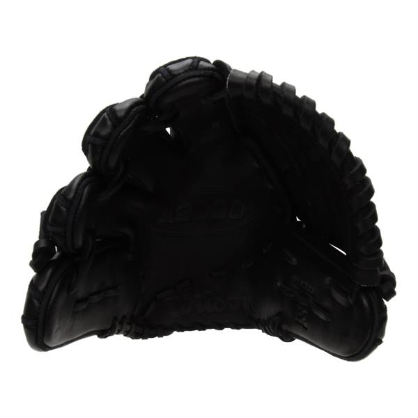 Top-down view of a black Wilson A2000 baseball glove with A2000 embossed on the palm and Wilson stitched on the wrist.