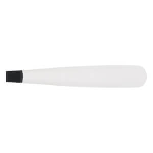 Side view of a white baseball bat with a black handle and smooth finish.