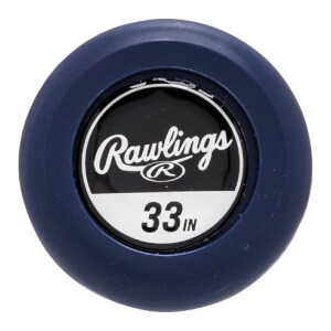 End view of a blue softball bat with Rawlings logo and 33 in marking.