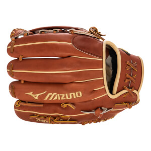 Front view of a brown baseball glove with Mizuno branding and tan lacing.