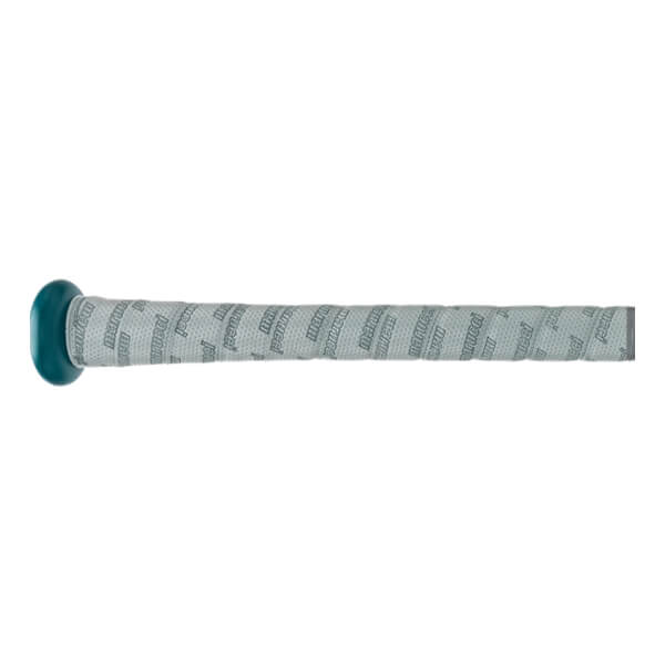 Side view of a teal baseball bat with a white grip featuring repeating Marucci text.