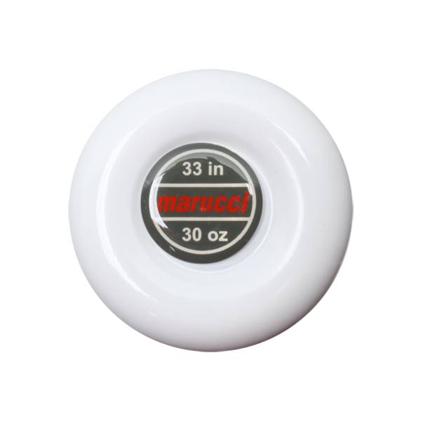 Top-down view of a white baseball bat end cap with 33 in, marucci, and 30 oz text.