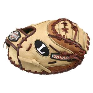 Top-down view of a tan and brown catchers mitt with L and OMAHA branding.