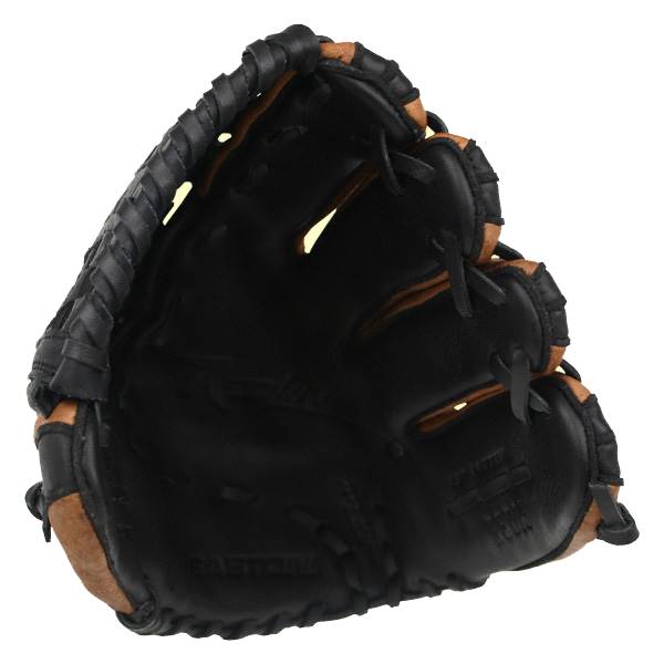 Interior view of a black baseball glove with tan accents and EASTON embossed on the palm.