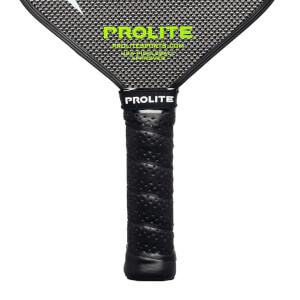 Close-up of a black pickleball paddle grip with a perforated texture and PROLITE branding.