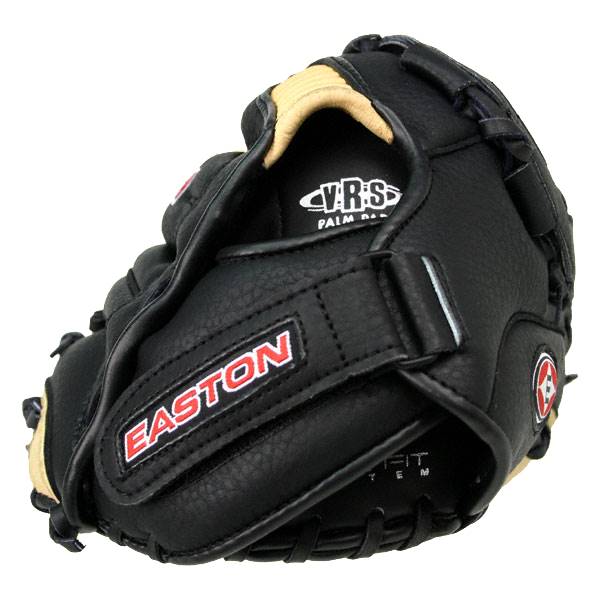 Close-up of a black Easton baseball glove with red lettering and a tan interior.
