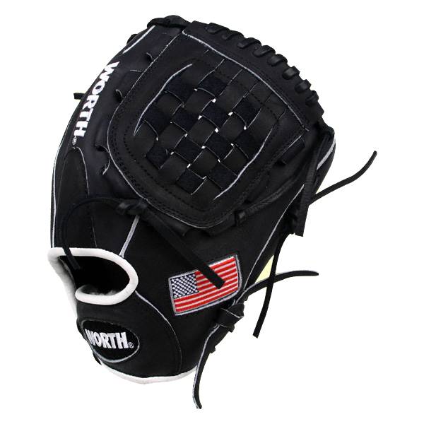 Front view of a black baseball glove with a woven web, white stitching, and an American flag patch.