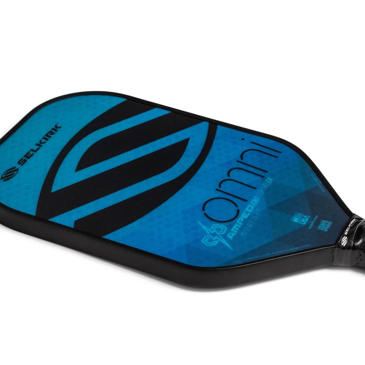 Corner view of a blue Selkirk Omni pickleball paddle with black accents and geometric patterns.