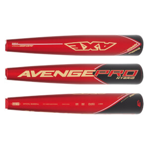 Side view of a red baseball bat with gold AXE logo and black HYPERWHIP branding.