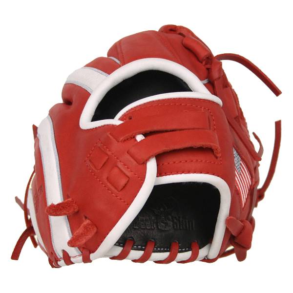 Close-up of a red baseball glove with white trim and an American flag detail.
