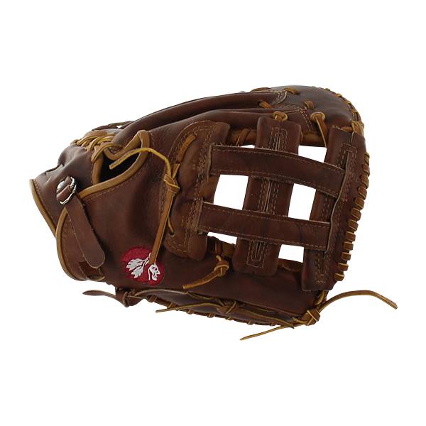 Side view of a brown Nokona first base mitt with a woven web and red logo.