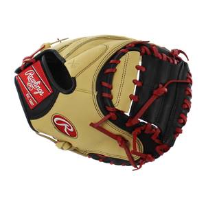 Side view of a tan and black catchers mitt with red lacing and Rawlings branding.