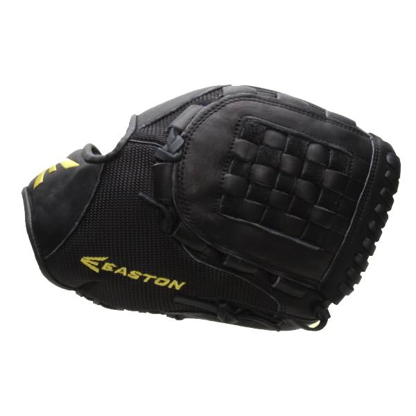 Side view of a black Easton softball glove with a woven pocket and yellow Easton logo.