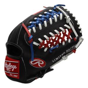 Side view of a black baseball glove with red, white, and blue lacing and LIMITED EDITION text.