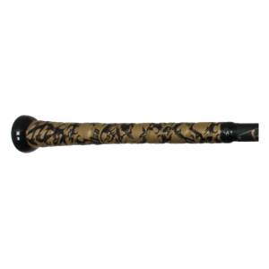 Side view of a black baseball bat with a tan and black patterned grip.