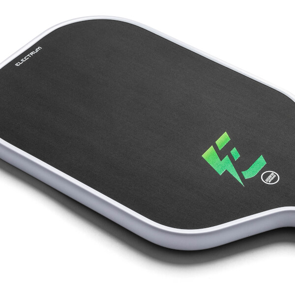 Top-down view of a black pickleball paddle with ELECTRUM text and a green lightning bolt logo.