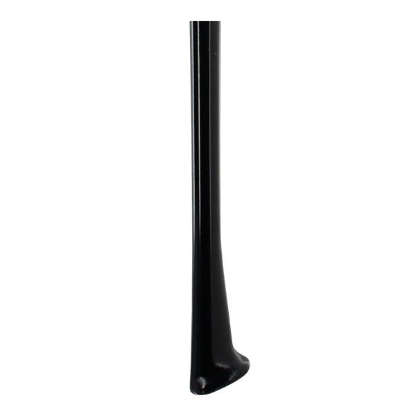 Bottom view of a black baseball bat with a flared knob and smooth finish.