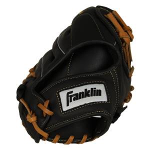Top-down view of a black baseball glove with tan lacing and a white Franklin logo patch.