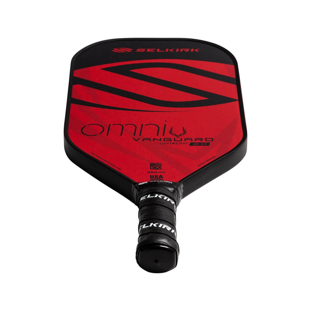 Top-down view of a red and black pickleball paddle with Selkirk and Omni branding.