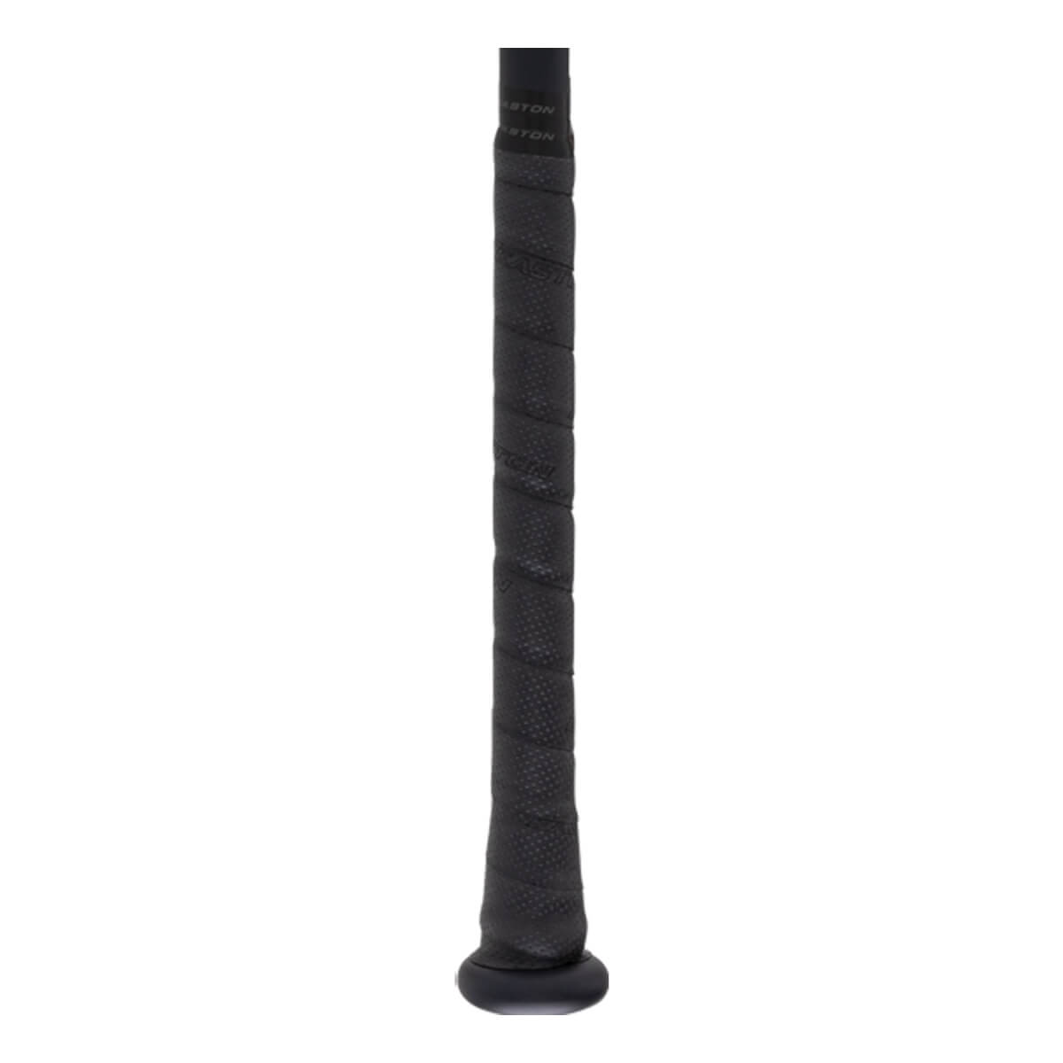 Close-up of a black baseball bat grip with Easton branding.