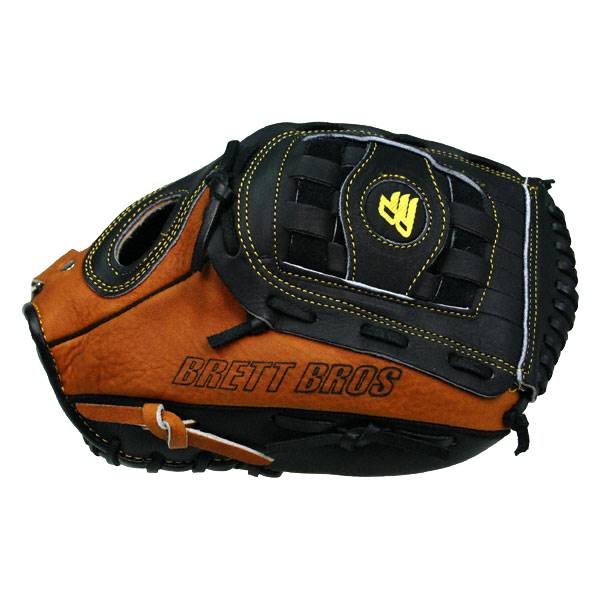 Top-down view of a brown and black baseball glove with yellow stitching and BRETT BROS text.