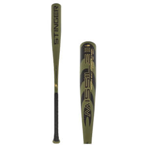 Side view of a green baseball bat with STINGER text and a black grip.
