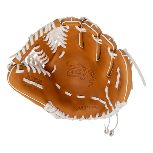 Front view of a tan leather baseball glove with white lacing, featuring the OXBOW SERIES logo on the palm and PATTERN.07 text on the thumb.