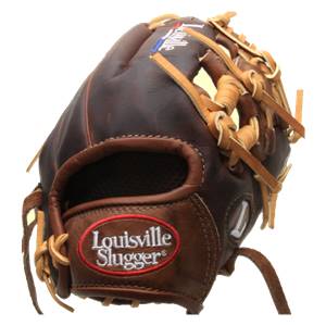 Side view of a brown Louisville Slugger baseball glove with tan lacing and a red oval logo.
