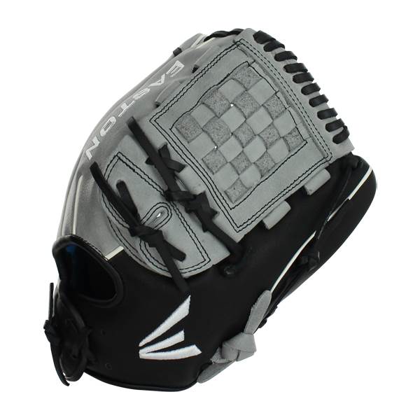 Side view of a black and gray Easton fastpitch softball glove with a checkered web and white Easton logo.