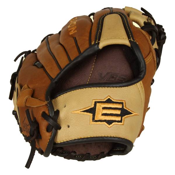 Top-down view of a brown and tan baseball glove with NATURAL ELITE embossed and an E logo.