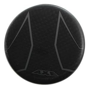 Top-down view of a black baseball bat with a carbon fiber pattern and AXE logo.