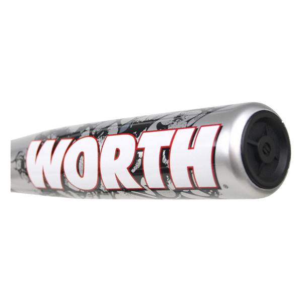 Side view of a silver tee ball bat with WORTH in white lettering and a black end cap.