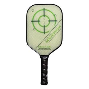 Front view of a light green pickleball paddle with a green target and Maverick text.