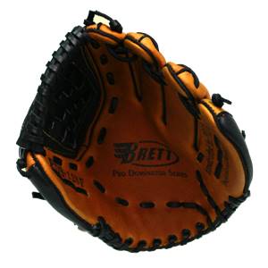 Interior view of a brown baseball glove with black accents, BRETT logo, and Pro Dominator Series text.