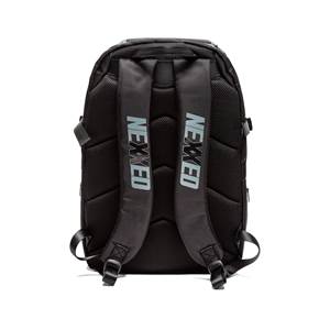 Back view of a black backpack with padded straps and NEXXED branding.