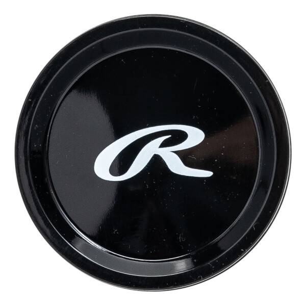 Top-down view of a black baseball bat end cap with a white Rawlings R logo.
