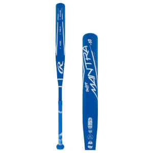 Side view of a blue Rawlings Mantra 2.0 fastpitch softball bat with white lettering and a textured grip.