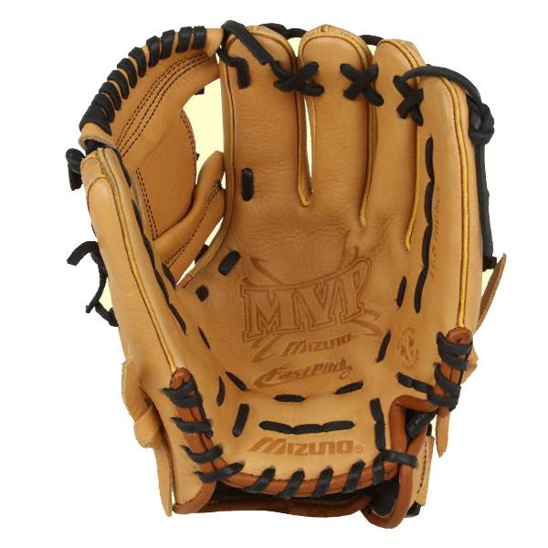 Front view of a tan baseball glove with black lacing and MVP Fastpitch branding.