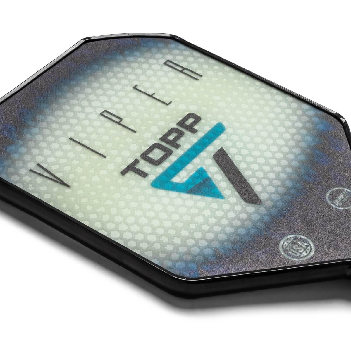 Top-down view of a black pickleball paddle with VIPER and TOPP text and a blue T logo.