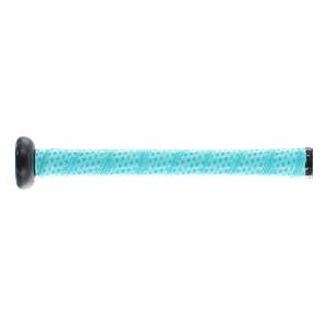 Side view of a teal softball bat grip with a black end cap and textured pattern.
