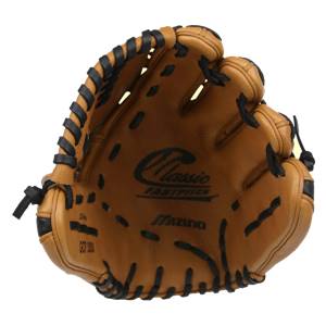 Front view of a tan baseball glove with black lacing and Classic Fastpitch and Mizuno branding.