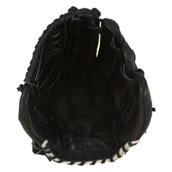 Top-down view of a black baseball glove with white stitching and MIZUNO branding.