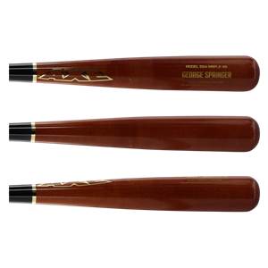 Top view of a brown maple baseball bat with gold AXE logo and GEORGE SPRINGER text.