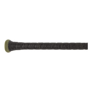 Side view of a black baseball bat with a textured grip and a light green end cap.