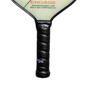Close-up of a black pickleball paddle grip with textured surface and Engage text.